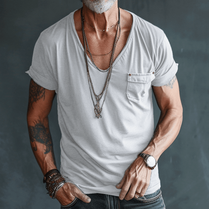 T-Shirt – Leicht – Normale Passform – T-Shirt mit V-Ausschnitt – Herrenhemden-Weiß-S-Chaps Herrenmode