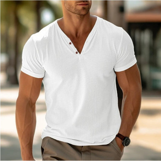 T-Shirt für Männer - Henley T-Shirt mit V-Ausschnitt und Knopfleiste für den Sommer-Weiß-S-Chaps Herrenmode