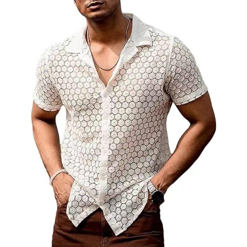 T-Shirt mit Knopfleiste | Durchsichtig | Mit Kragen | Kurzarm-Shirt | Herrenhemden-Weiß-S-Chaps Herrenmode