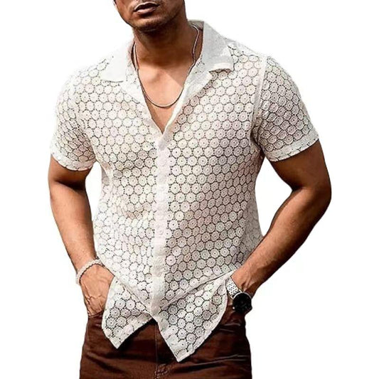 T-Shirt mit Knopfleiste | Durchsichtig | Mit Kragen | Kurzarm-Shirt | Herrenhemden-Weiß-S-Chaps Herrenmode