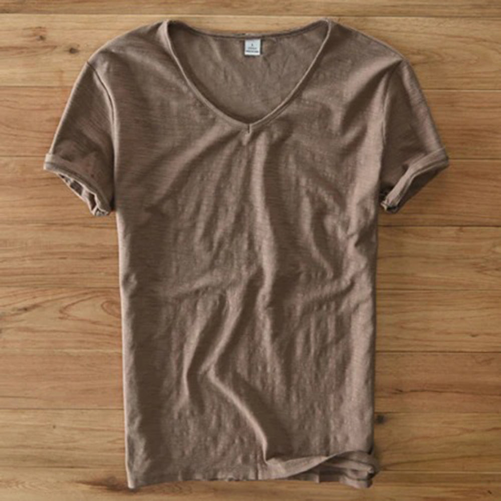 T-Shirt mit V-Ausschnitt | Leicht | Kurzarm | Sommershirt | Herren-T-Shirt-Braun-M-Chaps Herrenmode