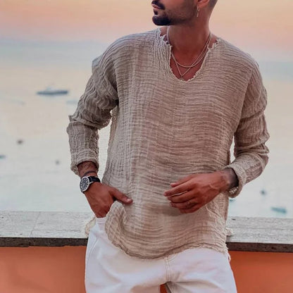 T-Shirt mit V-Ausschnitt – Leichtes, locker sitzendes Langarm-T-Shirt für Herren-Braun-S-Chaps Herrenmode