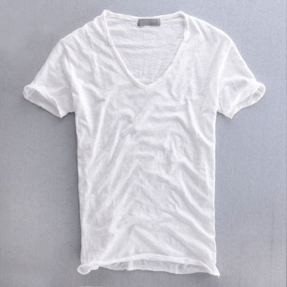 T-Shirt mit V-Ausschnitt – leichtes Slim-Fit-T-Shirt aus Baumwolle für Herren-Weiß-S-Chaps Herrenmode