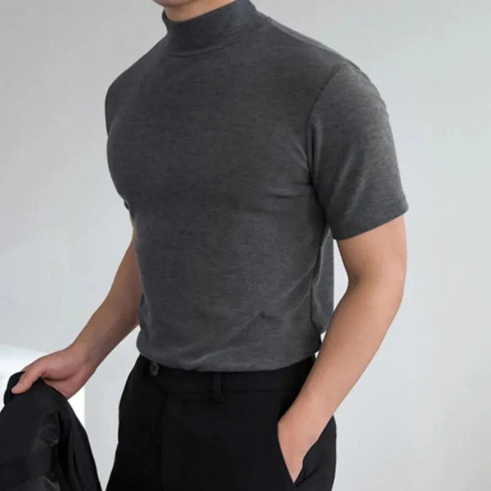 T-Shirt mit hohem Halsausschnitt | Lässig | Kurzarm | Einfarbiges T-Shirt | Herrenbekleidung-Grau-S-Chaps Herrenmode