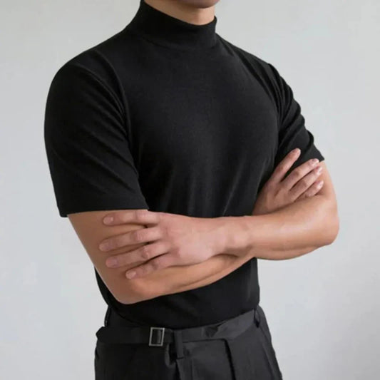 T-Shirt mit hohem Halsausschnitt | Lässig | Kurzarm | Einfarbiges T-Shirt | Herrenbekleidung-Schwarz-S-Chaps Herrenmode