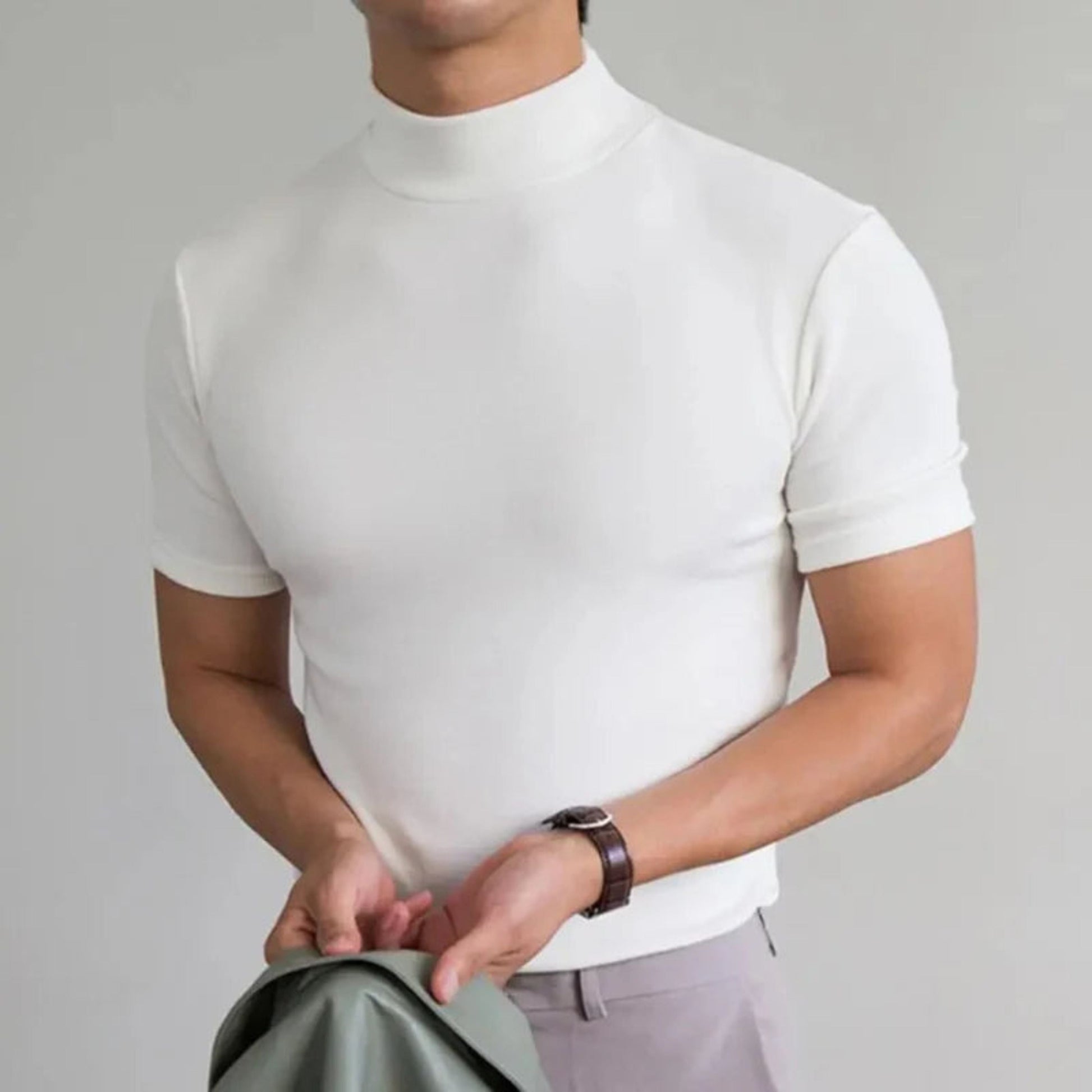 T-Shirt mit hohem Halsausschnitt | Lässig | Kurzarm | Einfarbiges T-Shirt | Herrenbekleidung-Weiß-S-Chaps Herrenmode