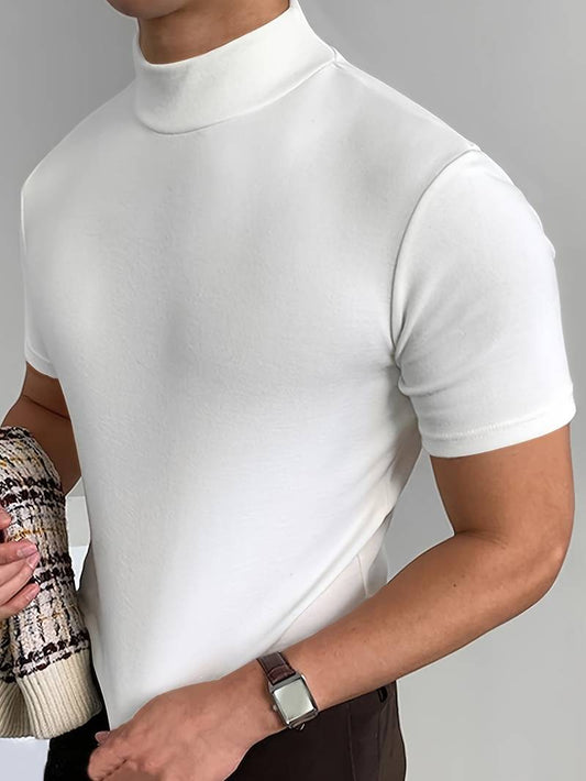 T-Shirt mit hohem Kragen | Kurzarm | Rollkragen | Herren-T-Shirt | Herrenbekleidung-Weiß-S-Chaps Herrenmode