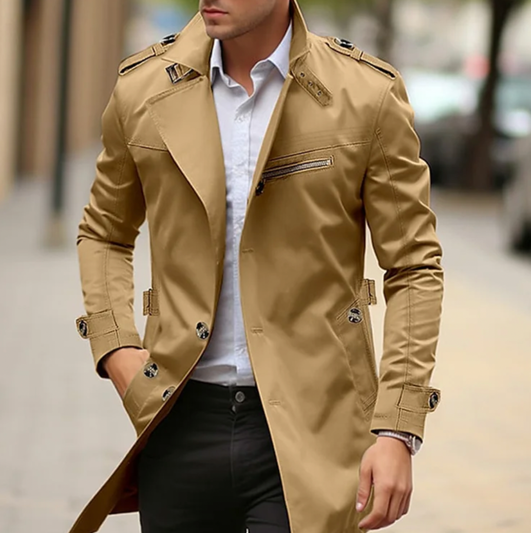 Trenchcoat - Mittellanger einreihiger Trenchcoat für Männer-Braun-S-Chaps Herrenmode