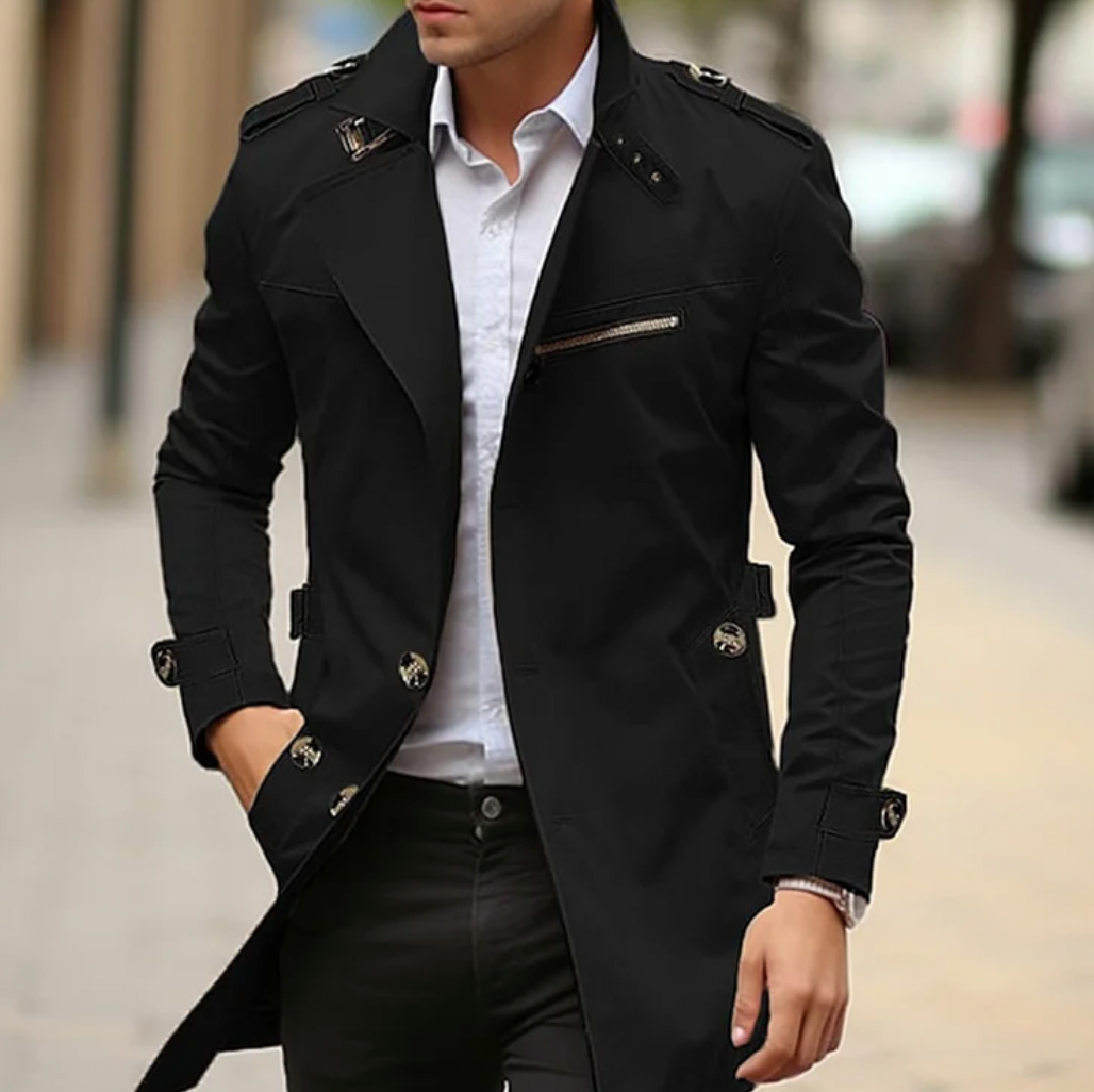 Trenchcoat - Mittellanger einreihiger Trenchcoat für Männer-Schwarz-S-Chaps Herrenmode
