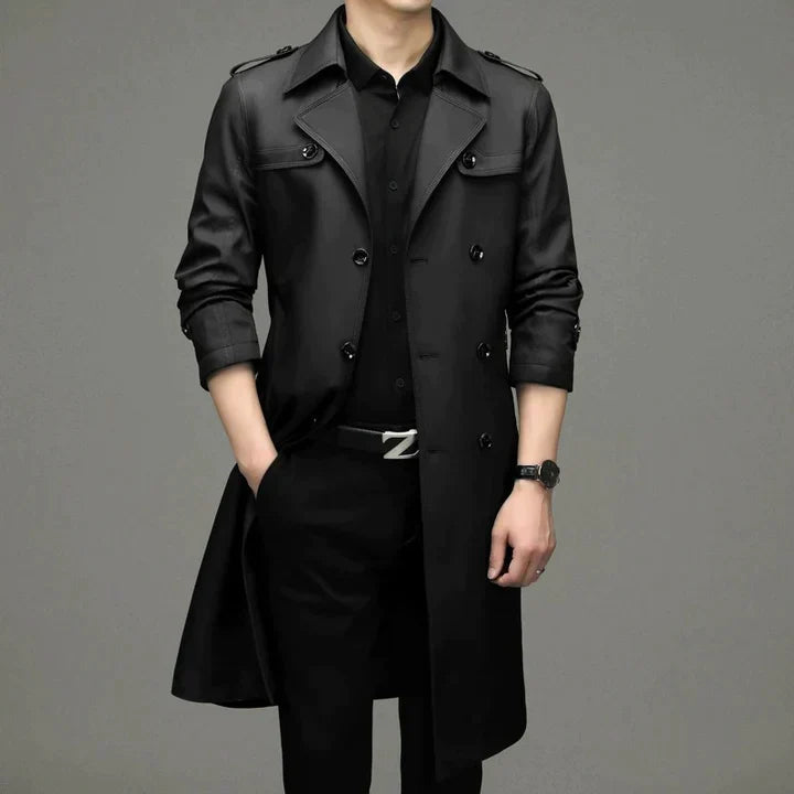 Trenchcoat - Zweireiher - Mittellang - Herrenjacke - Herbstjacke-Schwarz-S-Chaps Herrenmode