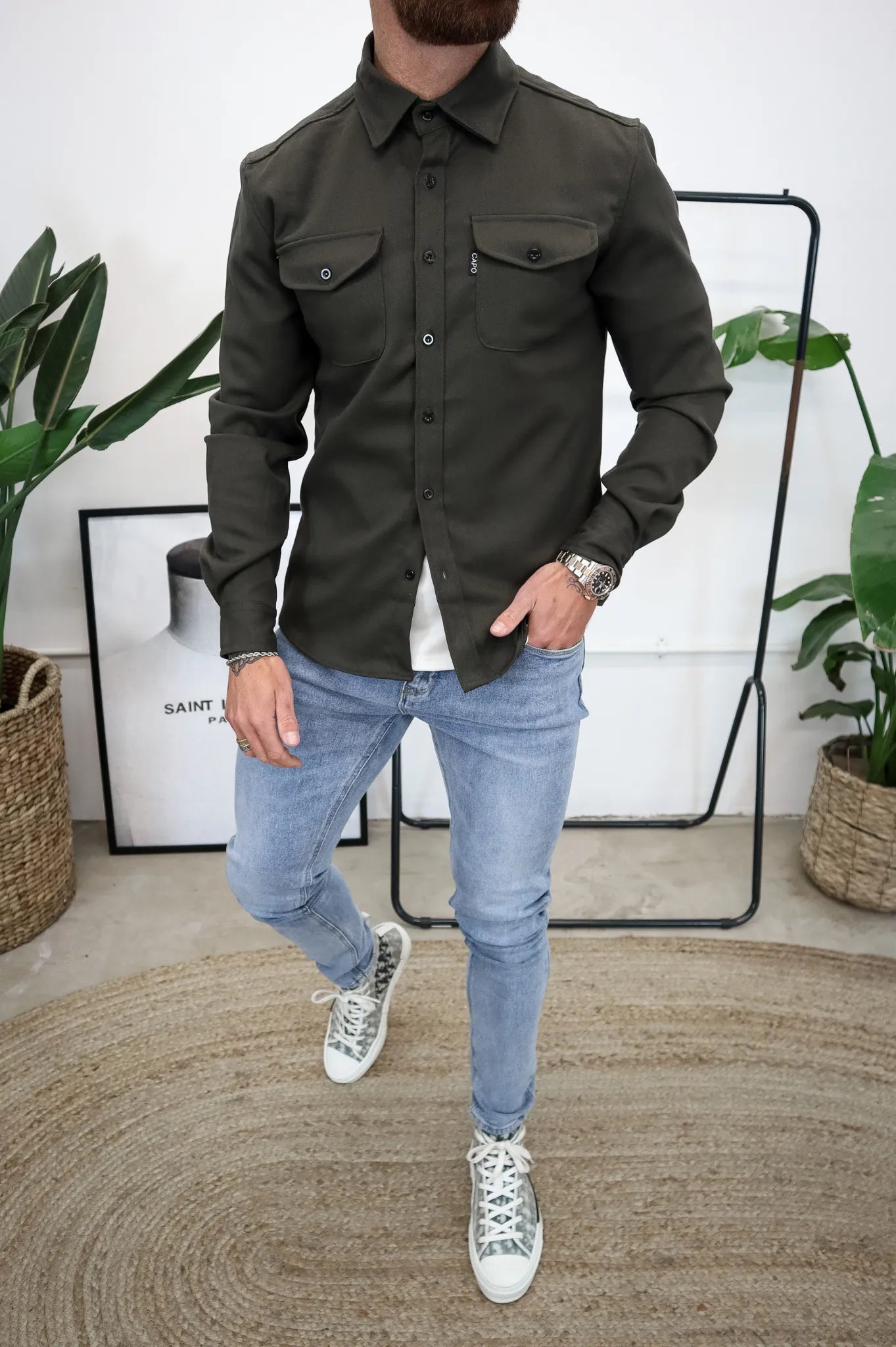 Überhemd | Brusttaschen | Button-Up | Hemdjacke | Herrenbekleidung-Armeegrün-S-Chaps Herrenmode