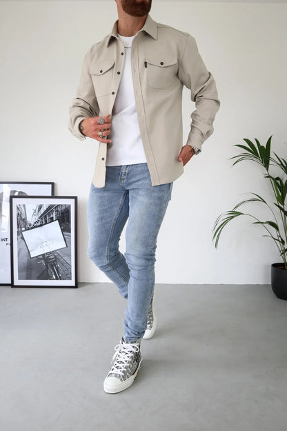 Überhemd | Brusttaschen | Button-Up | Hemdjacke | Herrenbekleidung-Beige-S-Chaps Herrenmode
