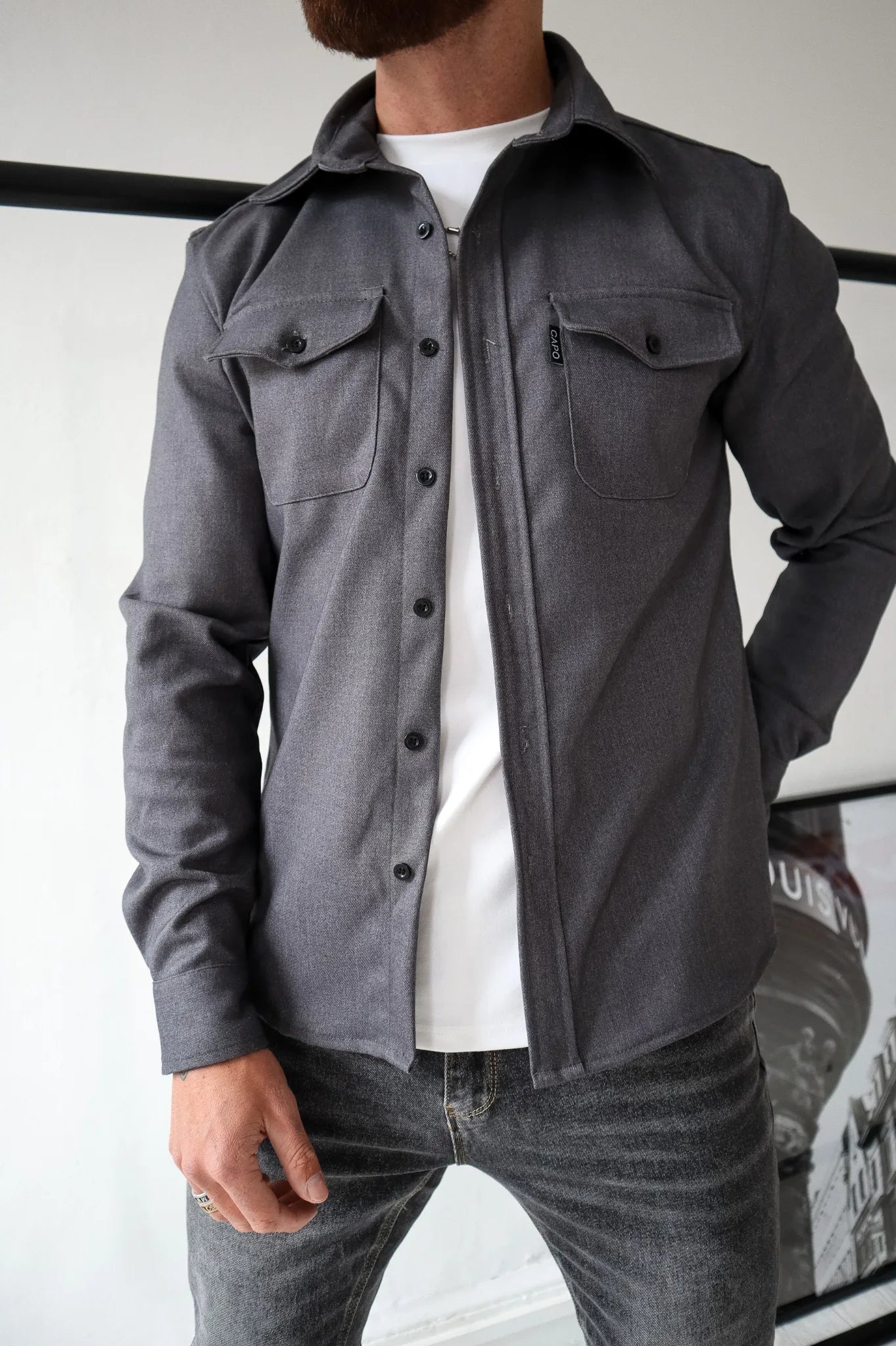 Überhemd | Brusttaschen | Button-Up | Hemdjacke | Herrenbekleidung-Dunkelgrau-S-Chaps Herrenmode