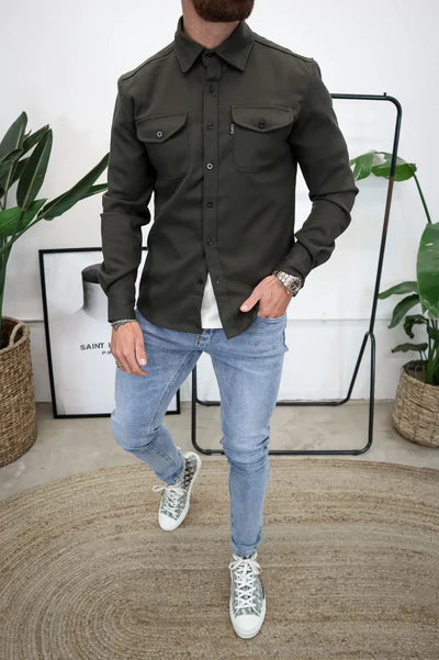 Überhemd - Brusttaschen - Knopfleiste - Hemdjacke - Herrenbekleidung-Armeegrün-S-Chaps Herrenmode