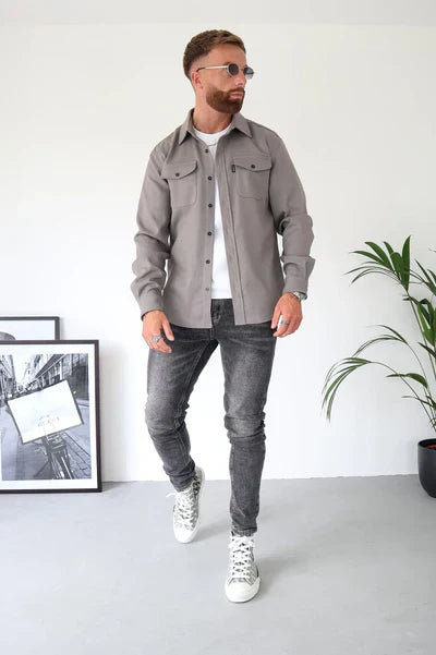 Überhemd - Brusttaschen - Knopfleiste - Hemdjacke - Herrenbekleidung-Grau-S-Chaps Herrenmode