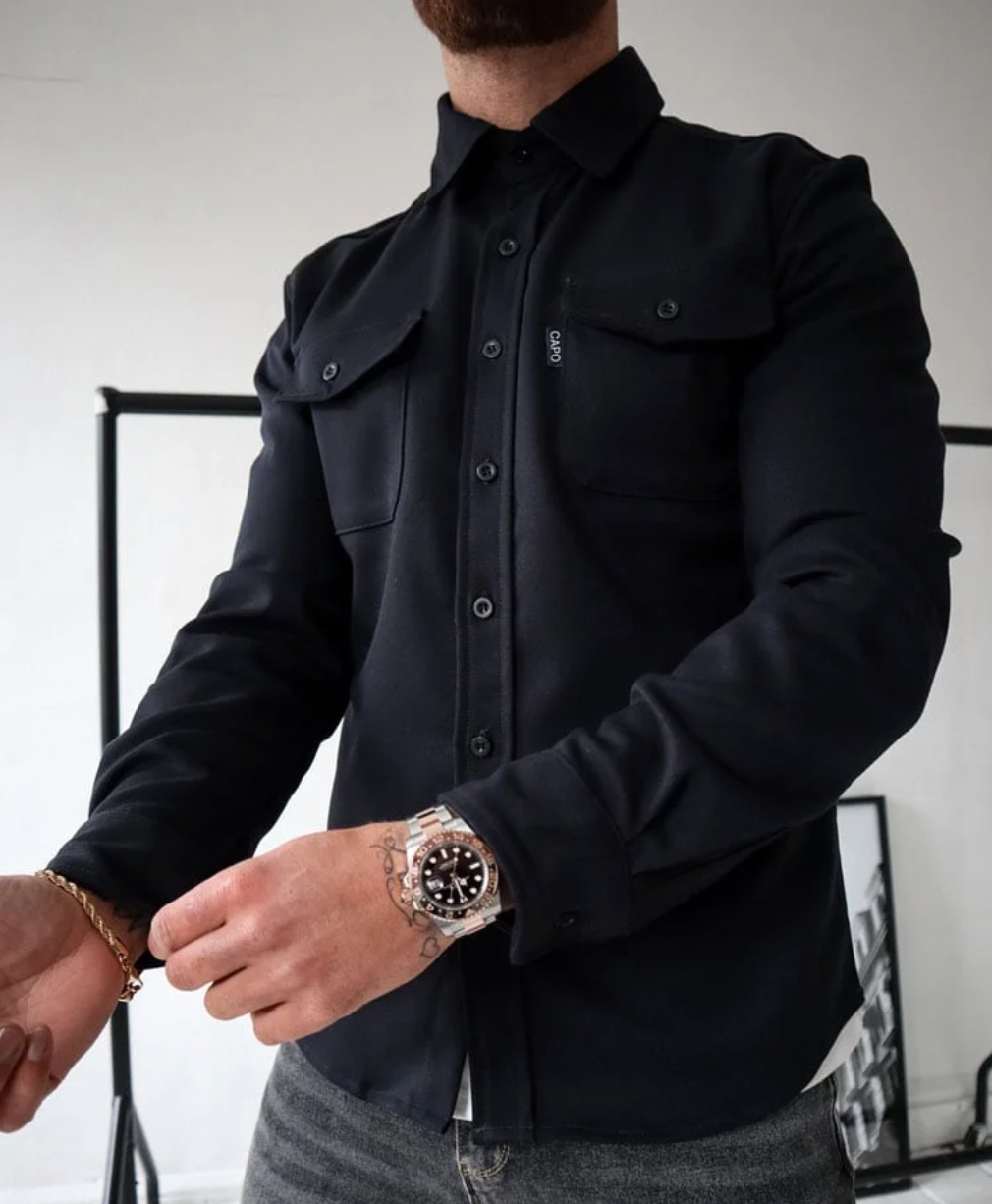 Überhemd | Button-Up | Umlegekragen | Herrenhemd | Hemdjacke-Schwarz-S-Chaps Herrenmode