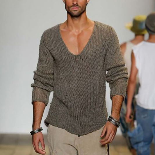 V-Ausschnitt-Pullover | Langarm | Sommer | Strickpullover | Herrenbekleidung-Grau-S-Chaps Herrenmode