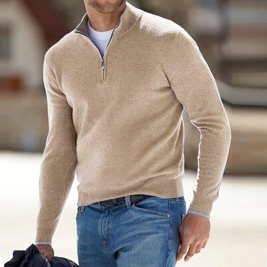 Viertel-Reißverschluss-Pullover | Langarm-Pullover | Pullover | Strickpullover | Herren-Halb-Reißverschluss-Pullover-Beige-S-Chaps Herrenmode