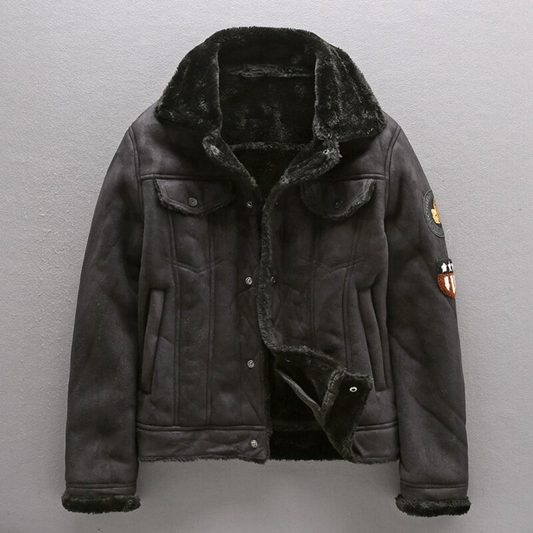 Wildlederjacke | Fleece gefüttert | Sherpa gefüttert | Biker Winterjacke | Herren Winterjacke-Schwarz-XS-Chaps Herrenmode