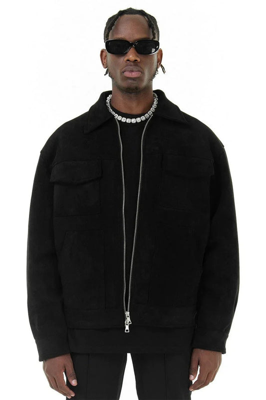 Wildlederjacke – Herren-Lederjacke mit Reißverschluss und Taschen-Schwarz-S-Chaps Herrenmode