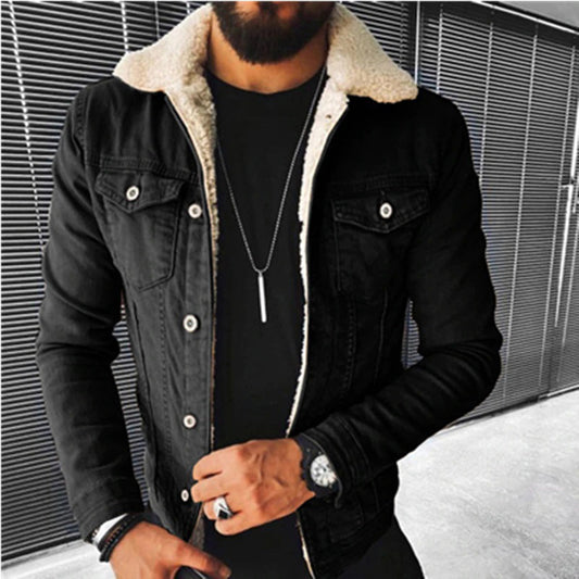 Winter-Jeansjacke aus Denim – schmal geschnittene Jeansjacke für Herren mit Fleecefutter-Schwarz-S-Chaps Herrenmode