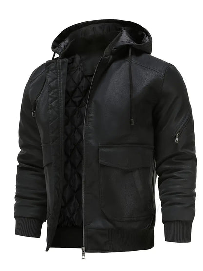 Winter-Lederjacke | Kunstleder | Kapuzenjacke | Steppfutterjacke | Herrenjacken-Schwarz-XS-Chaps Herrenmode