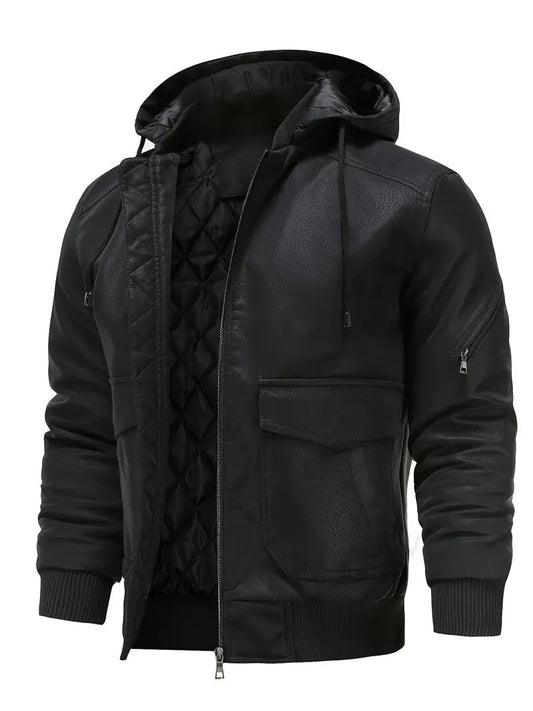 Winter-Lederjacke | Kunstleder | Kapuzenjacke | Steppfutterjacke | Herrenjacken-Schwarz-XS-Chaps Herrenmode