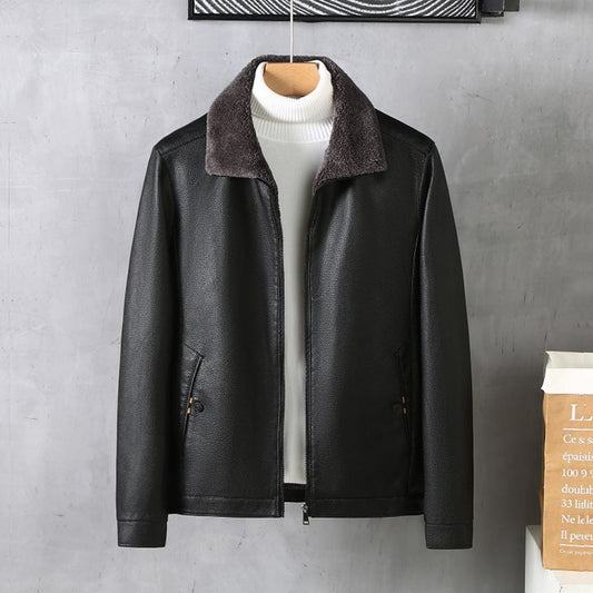 Winter-Lederjacke – Kunstleder – Reißverschluss – Fleece-gefüttert-Schwarz-S-Chaps Herrenmode