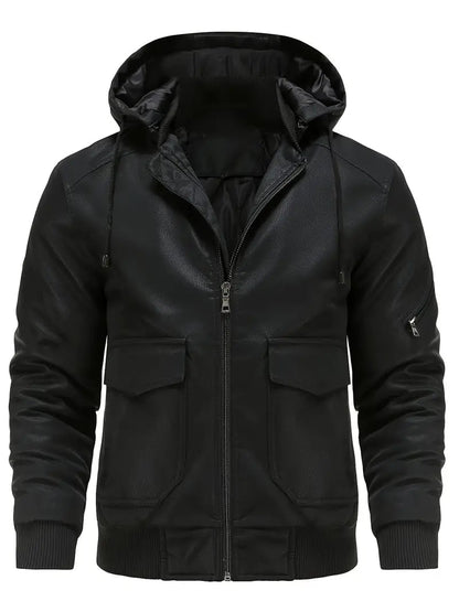 Winter-Lederjacke – winddichte PU-Lederjacke mit Kapuze und gestepptem Innenfutter für Herren-Chaps Herrenmode