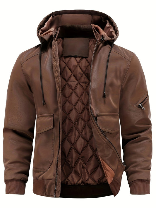 Winter-Lederjacke – winddichte PU-Lederjacke mit Kapuze und gestepptem Innenfutter für Herren-Kaffee-XS-Chaps Herrenmode
