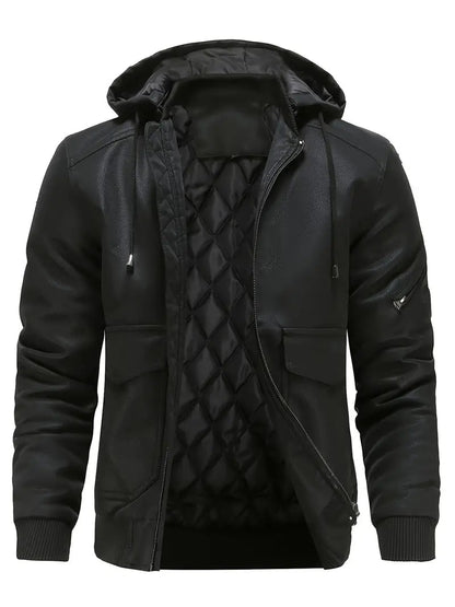 Winter-Lederjacke – winddichte PU-Lederjacke mit Kapuze und gestepptem Innenfutter für Herren-Schwarz-XS-Chaps Herrenmode
