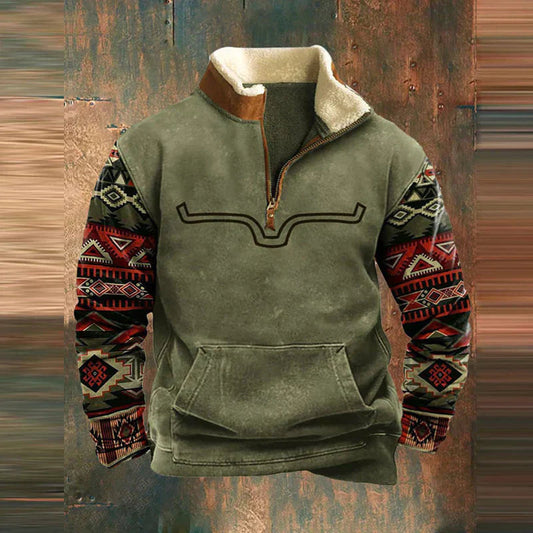 Winter-Sweatshirt – mit halbem Reißverschluss – mit Fleece gefüttert – Pullover – Herrenbekleidung-Grün-S-Chaps Herrenmode