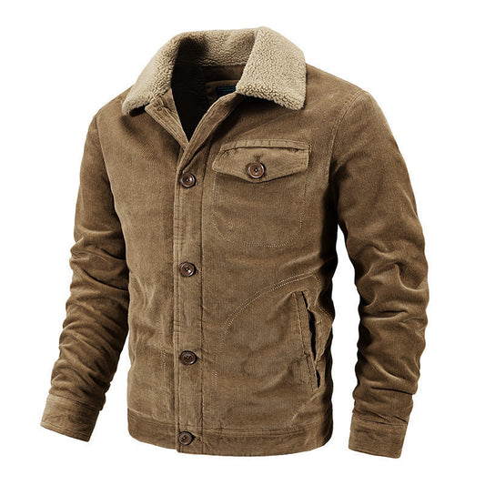 Winterjacke - Herren Button-Up Pelzkragen Cordjacke-Braun-M-Chaps Herrenmode