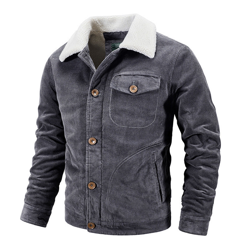 Winterjacke - Herren Button-Up Pelzkragen Cordjacke-Grau-M-Chaps Herrenmode