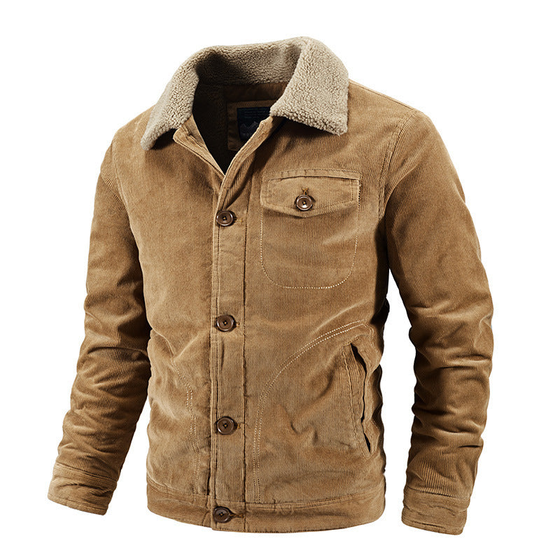 Winterjacke - Herren Button-Up Pelzkragen Cordjacke-Khaki-M-Chaps Herrenmode