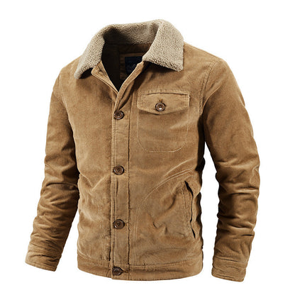 Winterjacke - Herren Button-Up Pelzkragen Cordjacke-Khaki-M-Chaps Herrenmode
