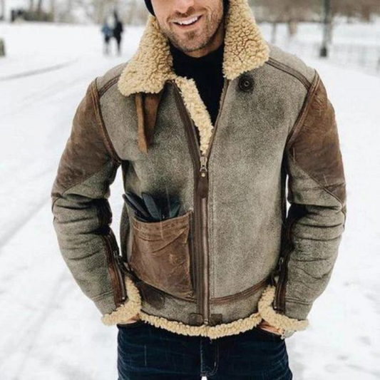 Winterjacke – Warme Herren-Lederjacke mit Reißverschluss und Sherpa-Futter-Hellgrau-M-Chaps Herrenmode