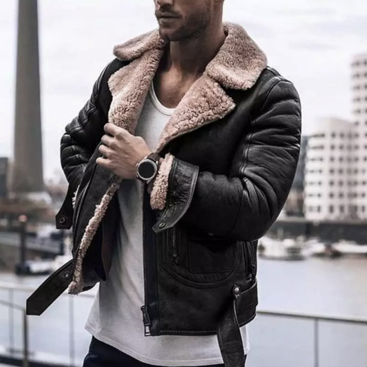 Winterlederjacke – mit Fleecefutter – mit Sherpafutter – Bikerjacke – Herrenlederjacke-Schwarz-S-Chaps Herrenmode
