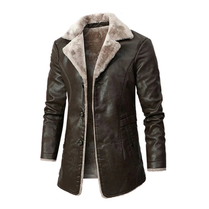 Wintermantel – mit Fell gefüttert – zum Knöpfen – lange Lederjacke – Wintermäntel und -jacken für Herren-Braun-S-Chaps Herrenmode