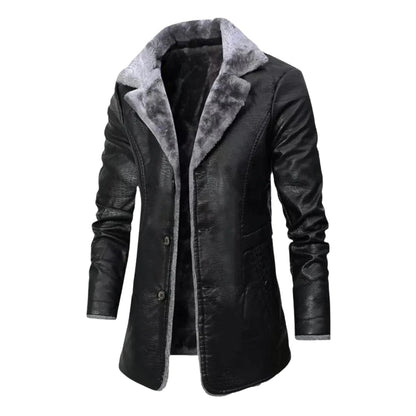 Wintermantel – mit Fell gefüttert – zum Knöpfen – lange Lederjacke – Wintermäntel und -jacken für Herren-Schwarz-S-Chaps Herrenmode