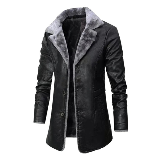 Wintermantel – mit Fell gefüttert – zum Knöpfen – lange Lederjacke – Wintermäntel und -jacken für Herren-Schwarz-S-Chaps Herrenmode