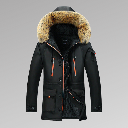 Winterparka – warme Herren-Steppjacke mit Fellkapuze und Steppfutter-Schwarz-S-Chaps Herrenmode