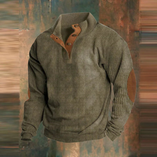 Winterpullover - Warmer Herren Pullover mit Knopfleiste und Ellbogenaufnähern-Grün-S-Chaps Herrenmode