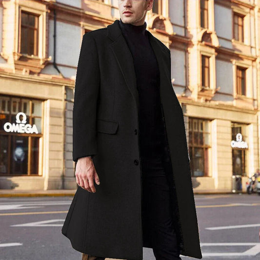 Wollmantel - Klassischer langer einreihiger Wintermantel für Männer-Schwarz-S-Chaps Herrenmode