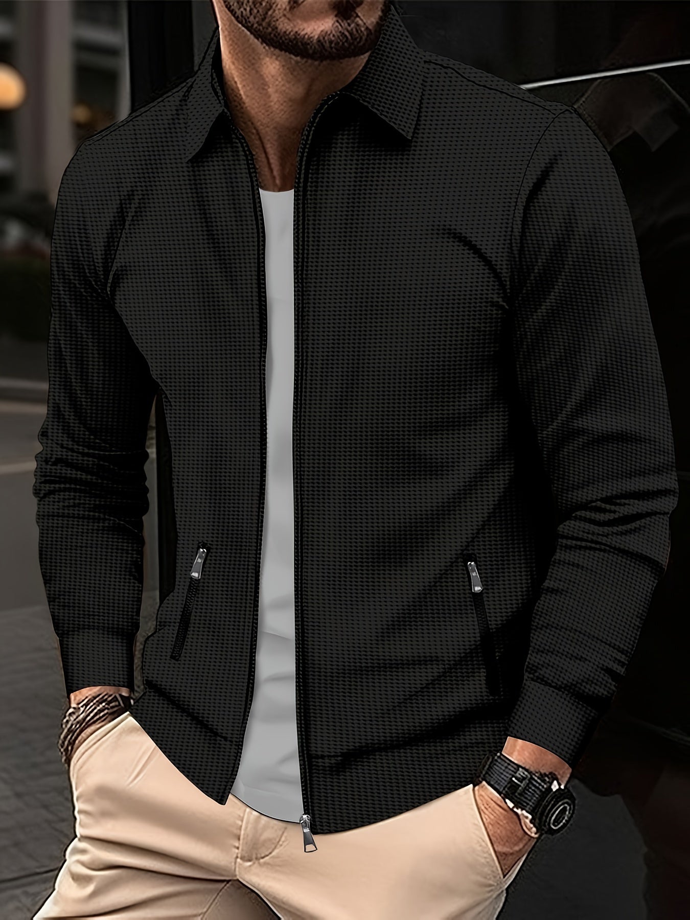 Zip Cardigan – Herren-Sweatshirtjacke mit Umlegekragen und durchgehendem Reißverschluss-Schwarz-S-Chaps Herrenmode
