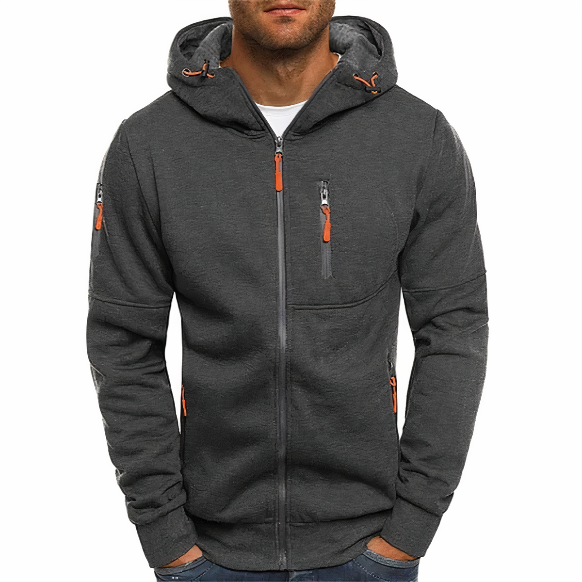 Zip-Hoodie - Warm - Reißverschlusstaschen - Kapuzenpullover mit Reißverschluss - Herrenbekleidung-Dunkelgrau-M-Chaps Herrenmode