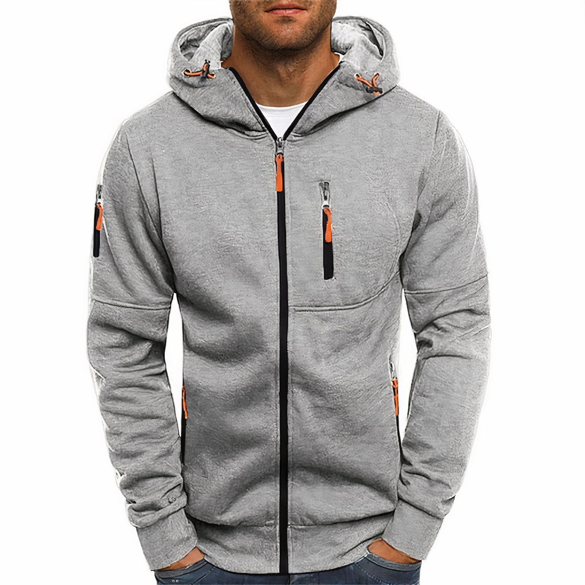 Zip-Hoodie - Warm - Reißverschlusstaschen - Kapuzenpullover mit Reißverschluss - Herrenbekleidung-Hellgrau-M-Chaps Herrenmode