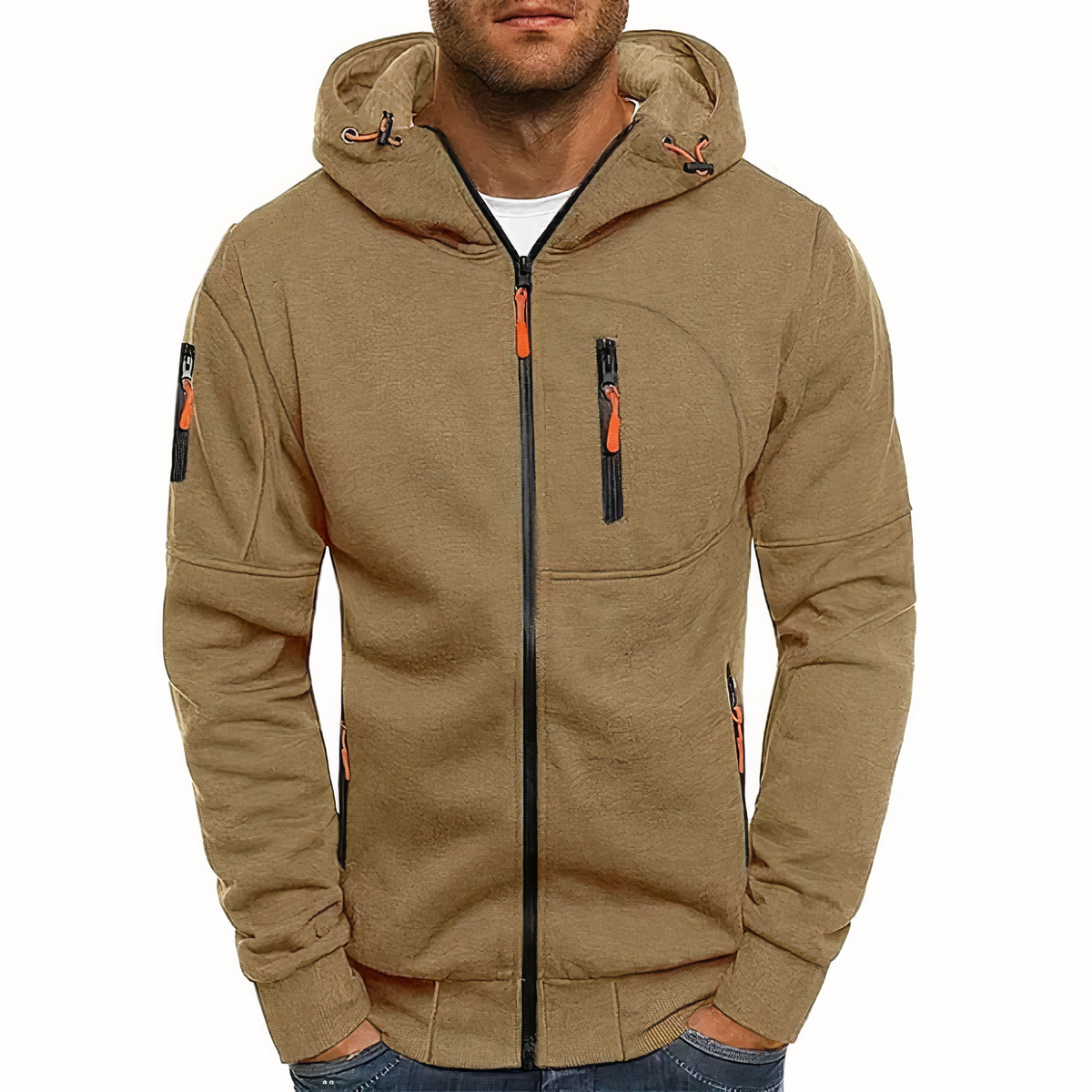 Zip-Hoodie - Warm - Reißverschlusstaschen - Kapuzenpullover mit Reißverschluss - Herrenbekleidung-Khaki-M-Chaps Herrenmode