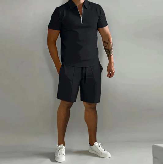 Zweiteiler | Kurzarm | Poloshirt | Shorts und Shirt im Set | Herrenbekleidung-Schwarz-S-Chaps Herrenmode