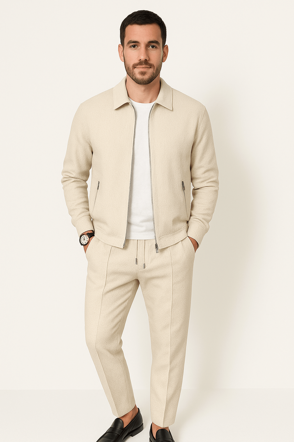 Zweiteiler – Reißverschluss – Kombi – Trainingsanzug – Herrenbekleidung-Beige-S-Chaps Herrenmode